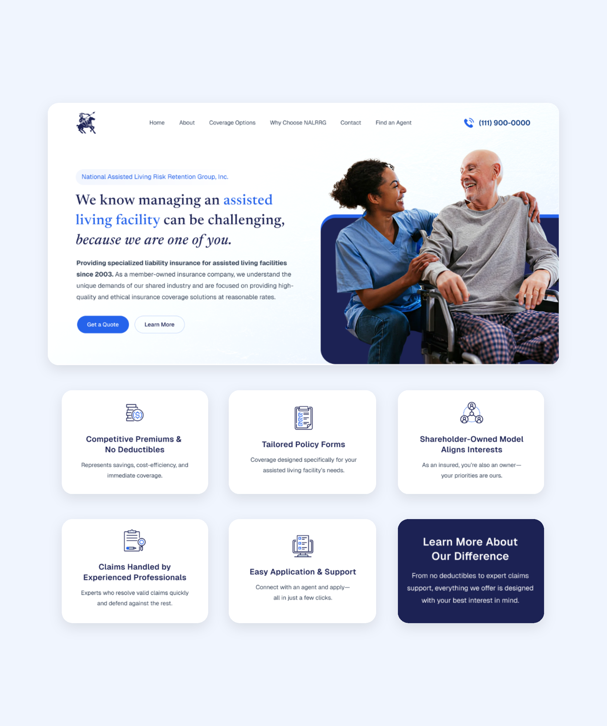 Insurance website layout with caregiver photography, quote buttons, and a grid of policy benefits